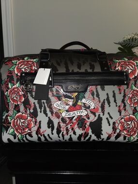 Ed Hardy Black Floral 'True Till Death' Duffel Bag